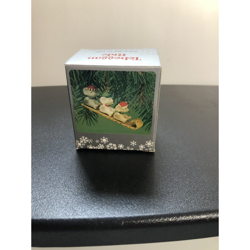 1985 Enesco Toboggan Ride Mouse Sled Miniature Christmas Ornament VTG W/Box